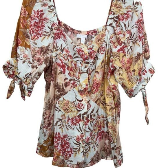 Lauren Conrad Women Small Multicolor Floral Blouse Puff Short Sleeve -Button Up - Picture 9 of 9